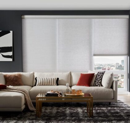 Modern living room with sectional sofa and large window blinds.